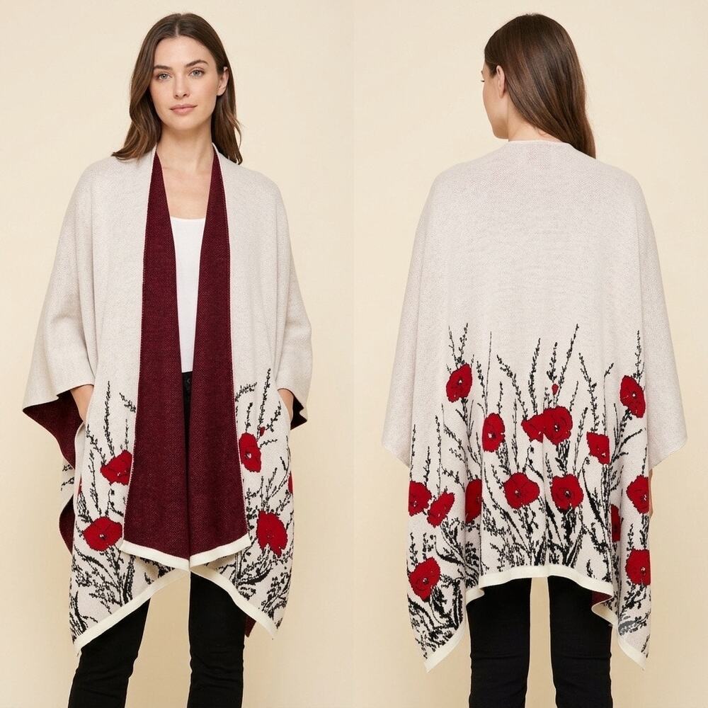 005-One Size Knit Wrap with Poppies